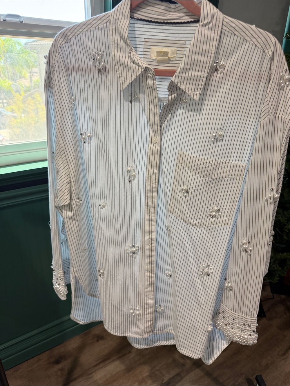 Maeve White and Black Pinstripe Beaded Button-Down Shirt